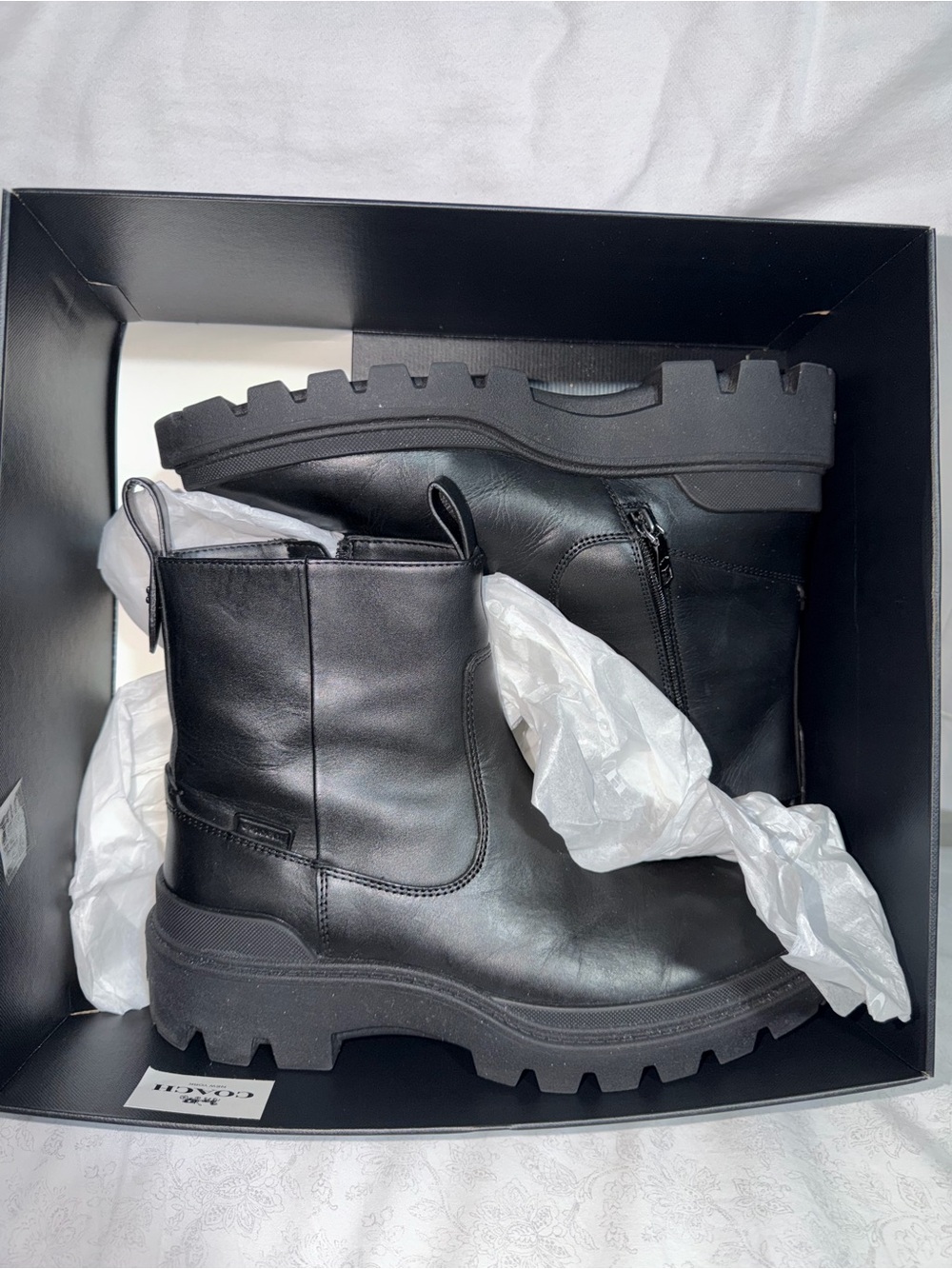 Coach Men’s Black Leather Lug-Sole Ankle Boots
